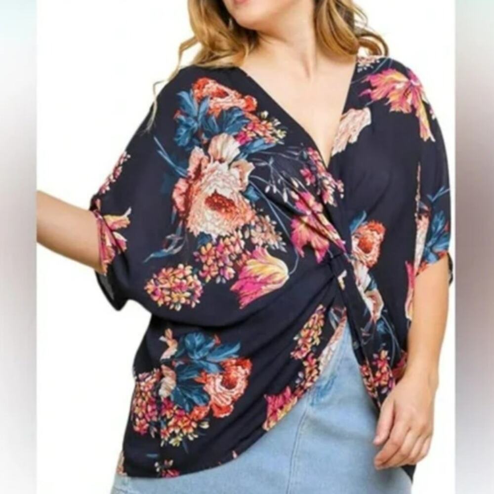 Umgee Boho Floral Semi Sheer Twisted Front Navy Blue Oversized Blouse Top Small